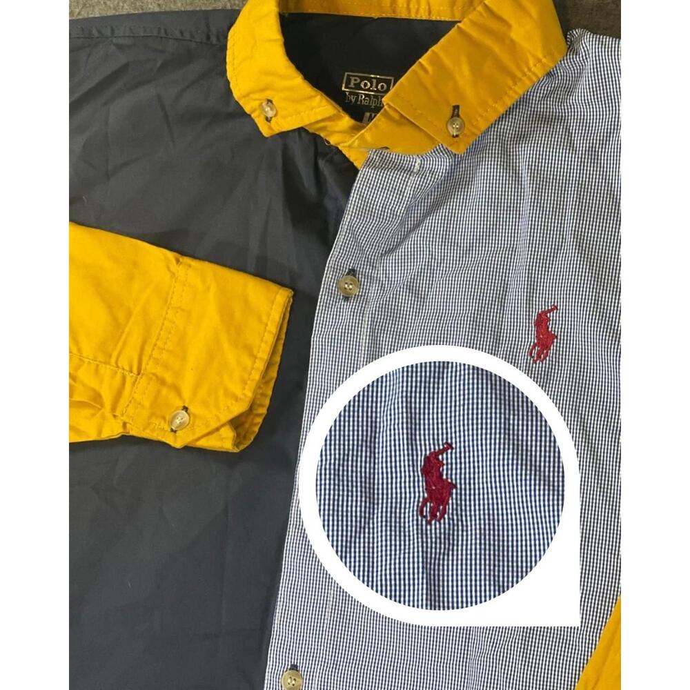 VTG Polo Ralph Lauren Yellow & Blue Men's Long Sleeve Button-Up Shirt Pony M